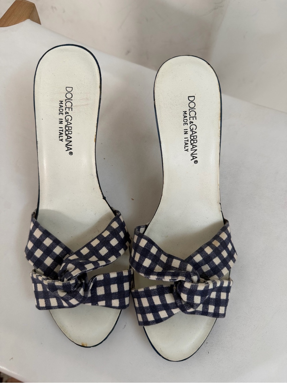 Dolce & Gabbana Navy and White Gingham Knot Slide Sandals